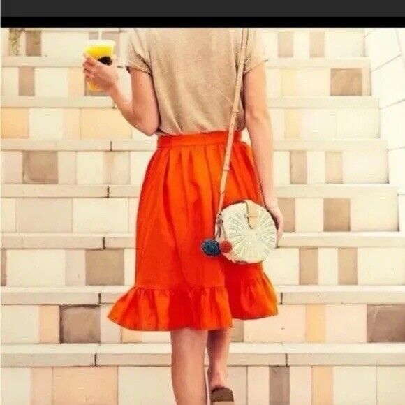 J Crew 100% Linen Faux Wrap Ruffle Skirt Womens 14 Tall Orange A-Line Layered - Picture 2 of 13